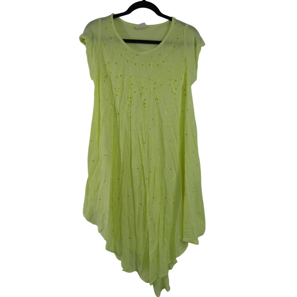 Green Rayon Sequin Embroidered Top sz‎ O/S Boho Whimsical Fairy Swim Cover Flow
